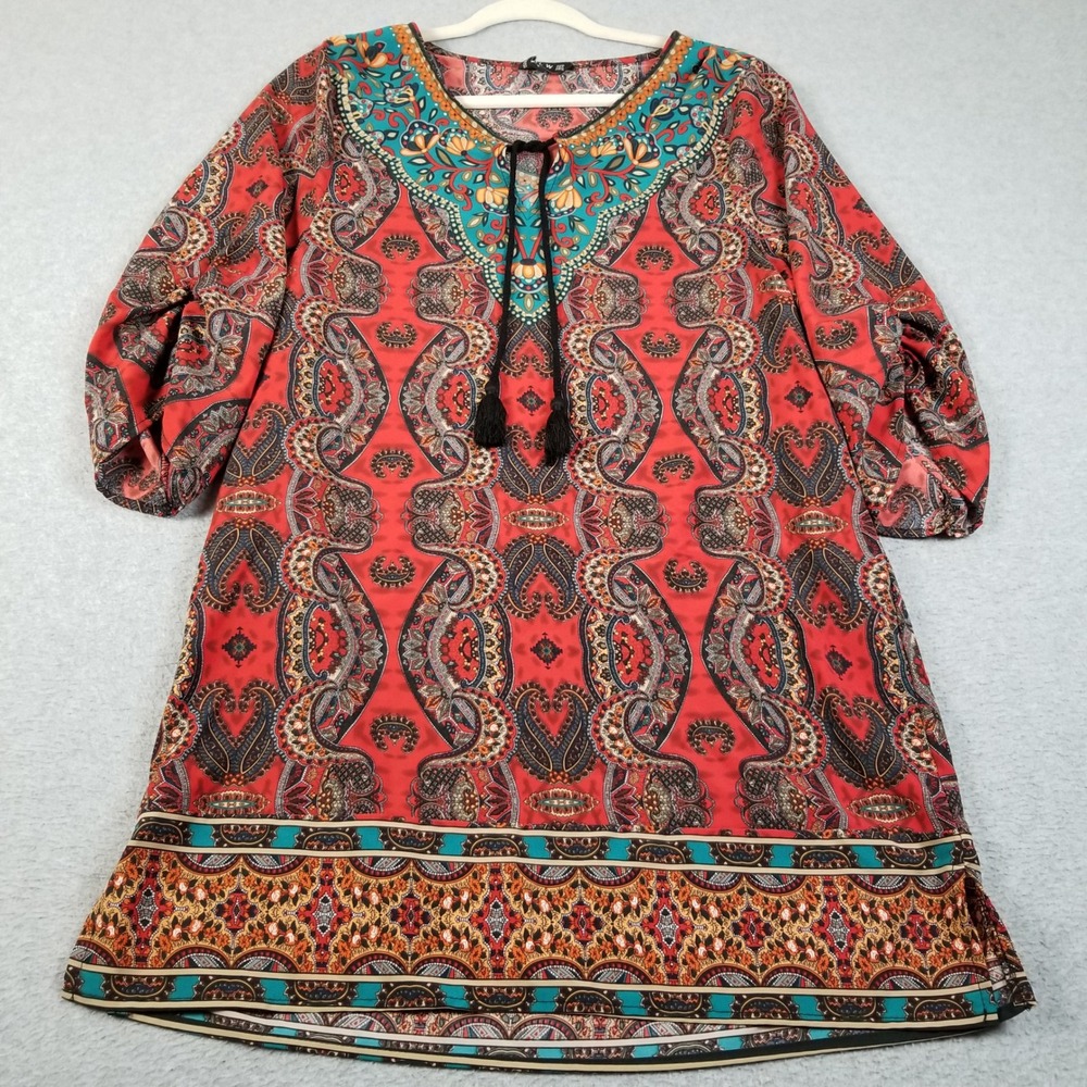 NLW Tunic Dress Women Large Paisley Boho Peasant 3/4 Sleeve Tassel Artsy Summer